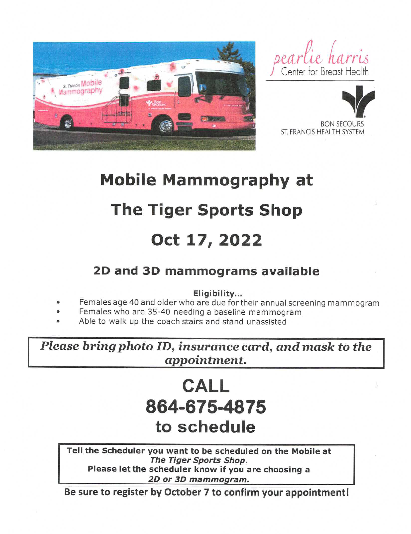 Mobile Mammography Bus at Tiger Sports Shop October 17th